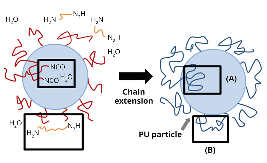 Jhon等(2001)提出的PUD粒子模型。在粒子表面(B)或粒子内部(A)有不同的NCO位置，在这些位置，扩链剂或水需要时间穿透并与NCO发生反应