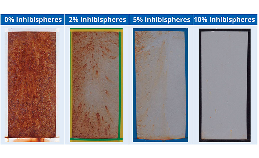 腐蚀面板(500小时ASTM B117)显示越来越多的Inhibispheres高固含醇酸底漆