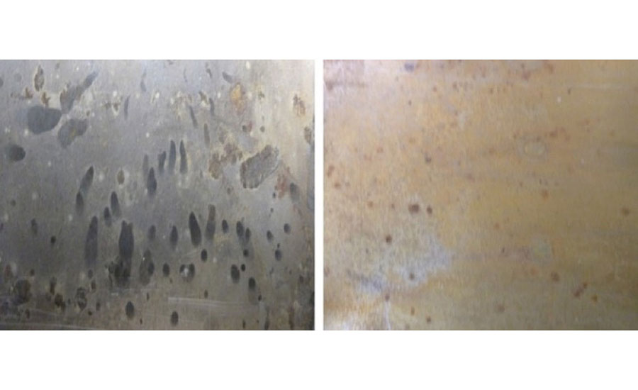 无涂层冷轧钢(左)和经wb3预处理的冷轧钢(右)在50℃DI水中浸泡7天后的点蚀证据。