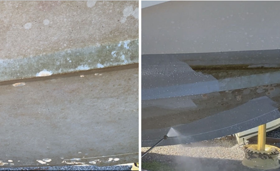 (左)使用6个月未清洗的sslip涂漆的船体，只显示出轻微的黏液污垢。空的圆形区域表明船体具有自清洁作用，最初附着有大型的宏观污垢生物(结壳苔藓虫)，但由于附着力弱而释放。(右)轻黏液覆盖的船体可以用不含任何化学物质的低压水射流快速清洗。
