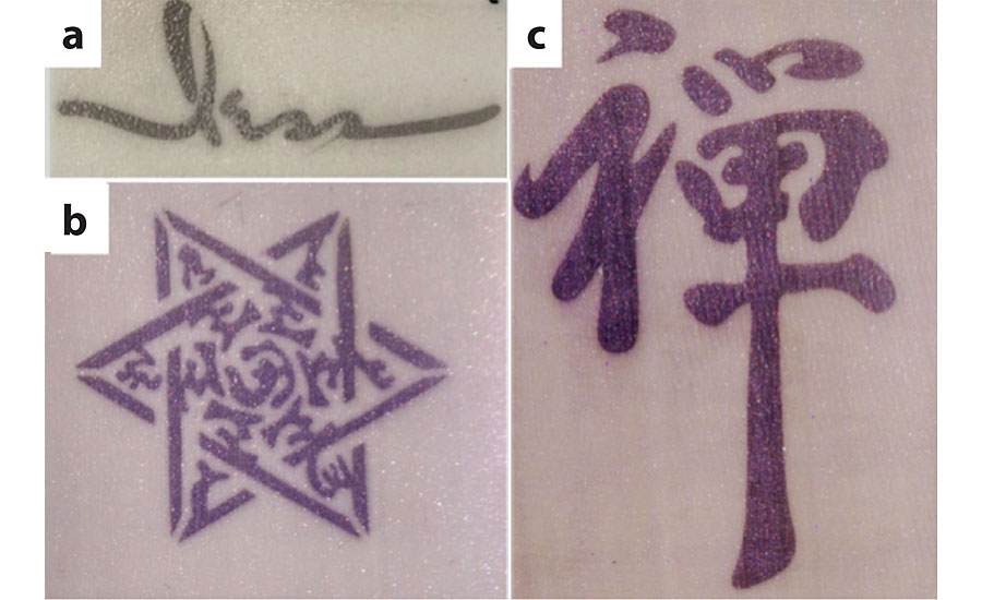 a)签名，b)图案，c)辐射到光敏涂层的汉字。