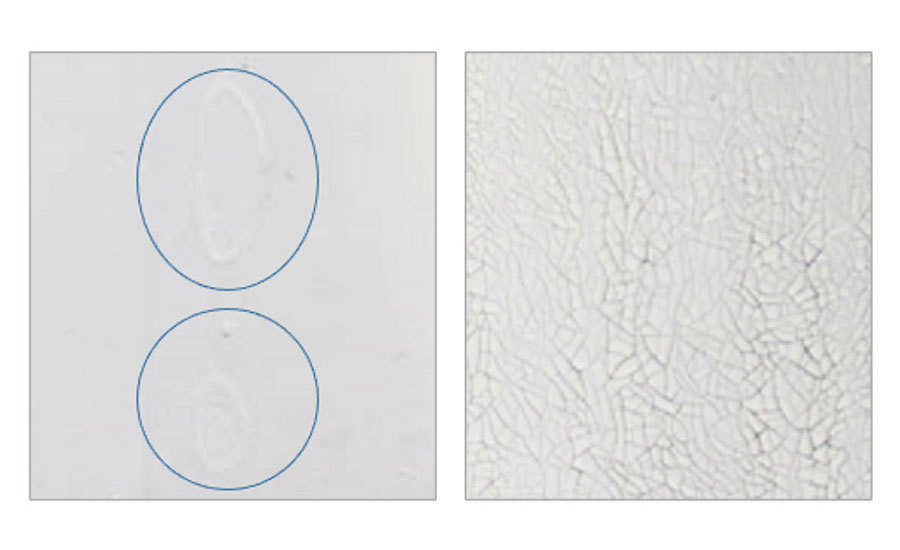 水性漆(右)和溶剂型漆(左)的表面缺陷。