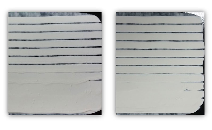 Anti-sagging行为。左:控制配方;右:Valida-based油漆。内部试验方法基于ASTM D4400。