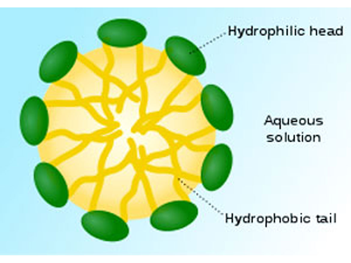 表面活性剂胶束的结构，其中碳氢链向内，亲水极性(绿色)基团在表面。