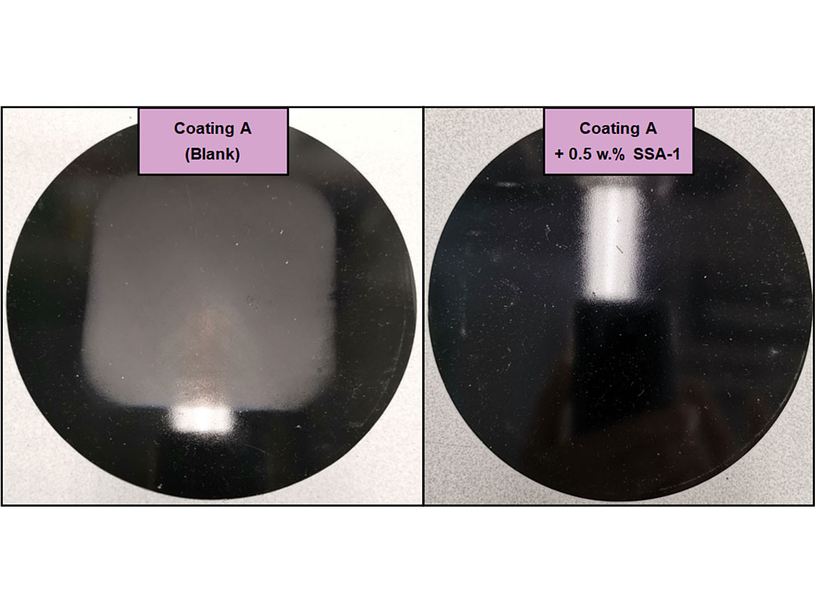 马丁代尔磨耗试验结果1 k-wb空白涂层样品照片(左)和1 k-wb涂料示例包含0.5 wt. % SSA-1添加剂(右图片)。包含SSA-1涂料添加剂的保光性展示更好的耐磨性。gydF4y2Ba