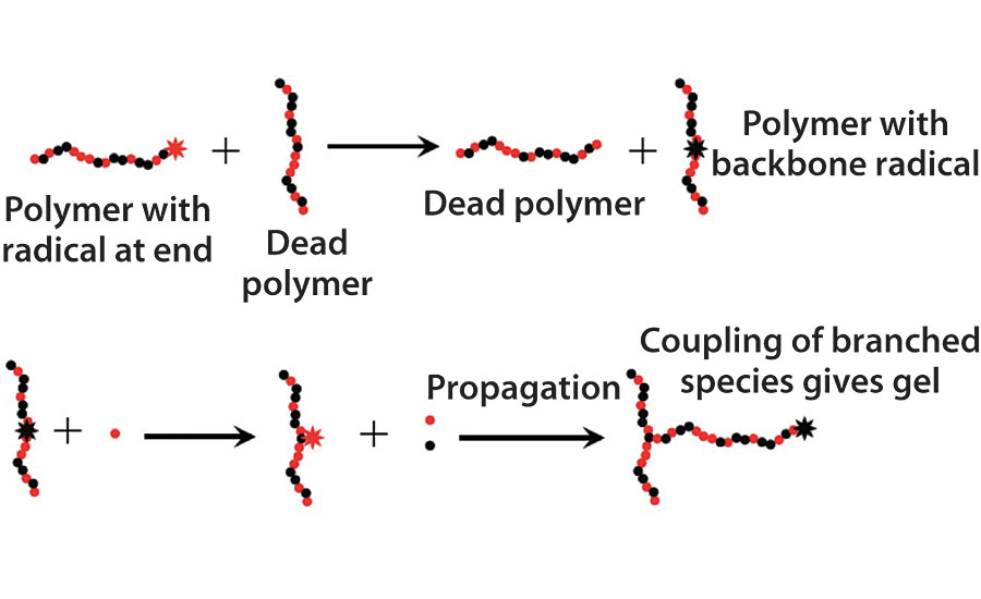 链转移到聚合物导致分支和可能的凝胶形成。