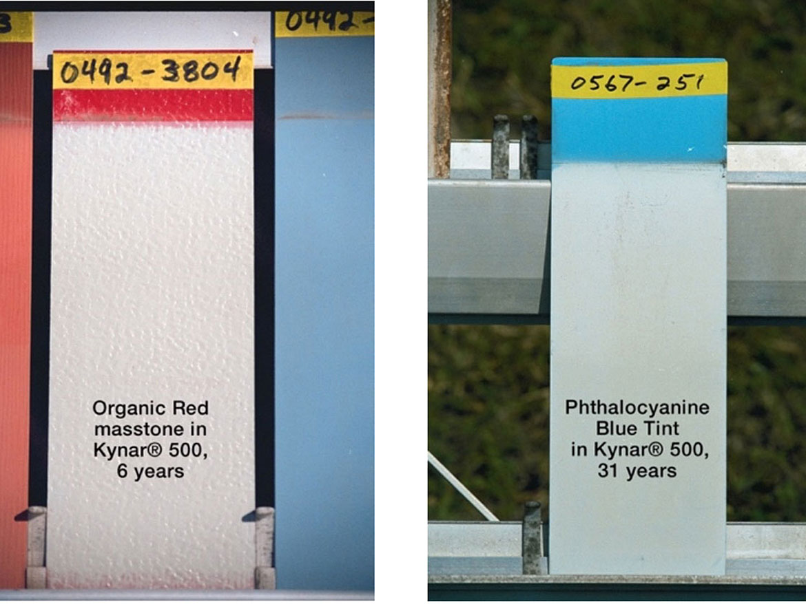 二氧化钛与有机颜料着色在PVDF/丙烯酸在南佛罗里达曝光。(图片由Arkema提供)。