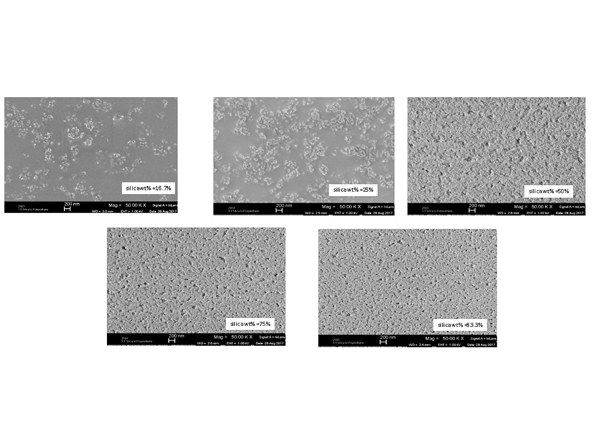 扫描电镜下硅分散体和不同硅含量的聚氨酯粘结剂的涂层形貌比例尺为200nm。